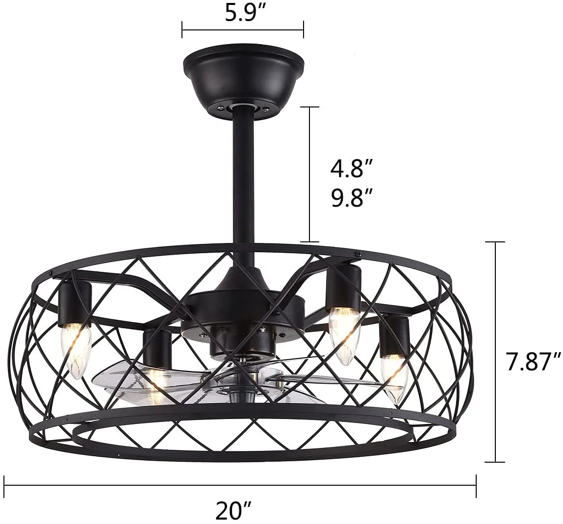 Miumaeov 18 Inch Enclosed Ceiling Fan with Light and Remote Control 3 Wind Speed Timing Smart Ceiling Fan Chandelier Iron Frame Black