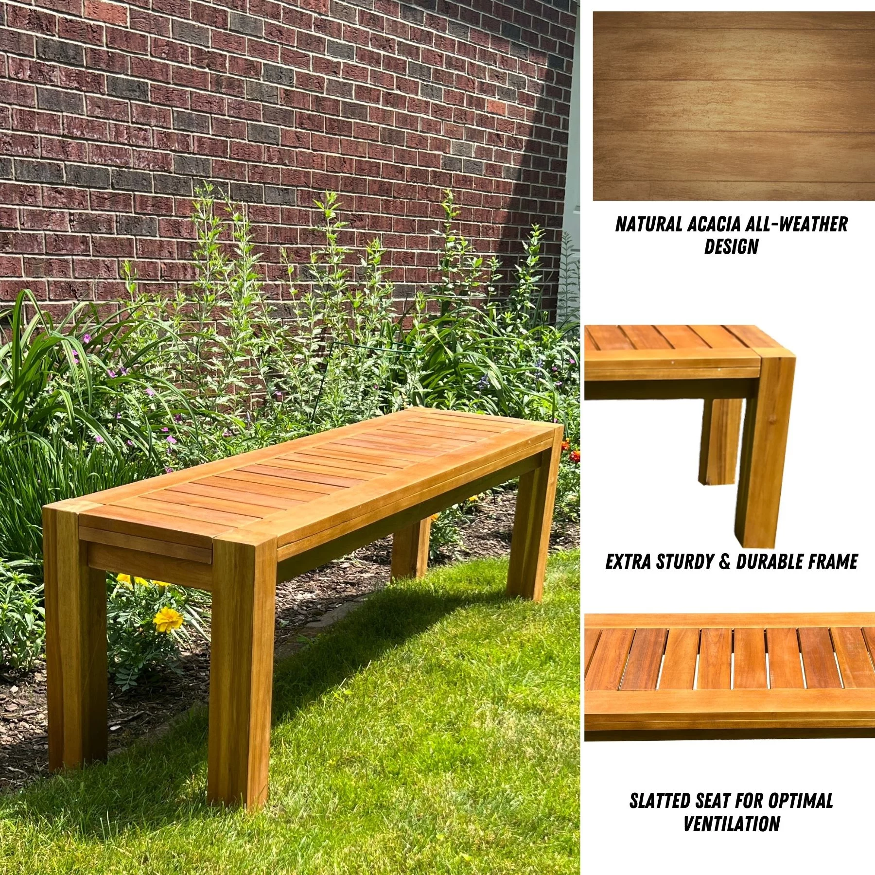 Acacia Wood Traditional Backless Bench, 4-Foot Indoor/Outdoor Wooden Porch, Patio, Garden & Park Seating