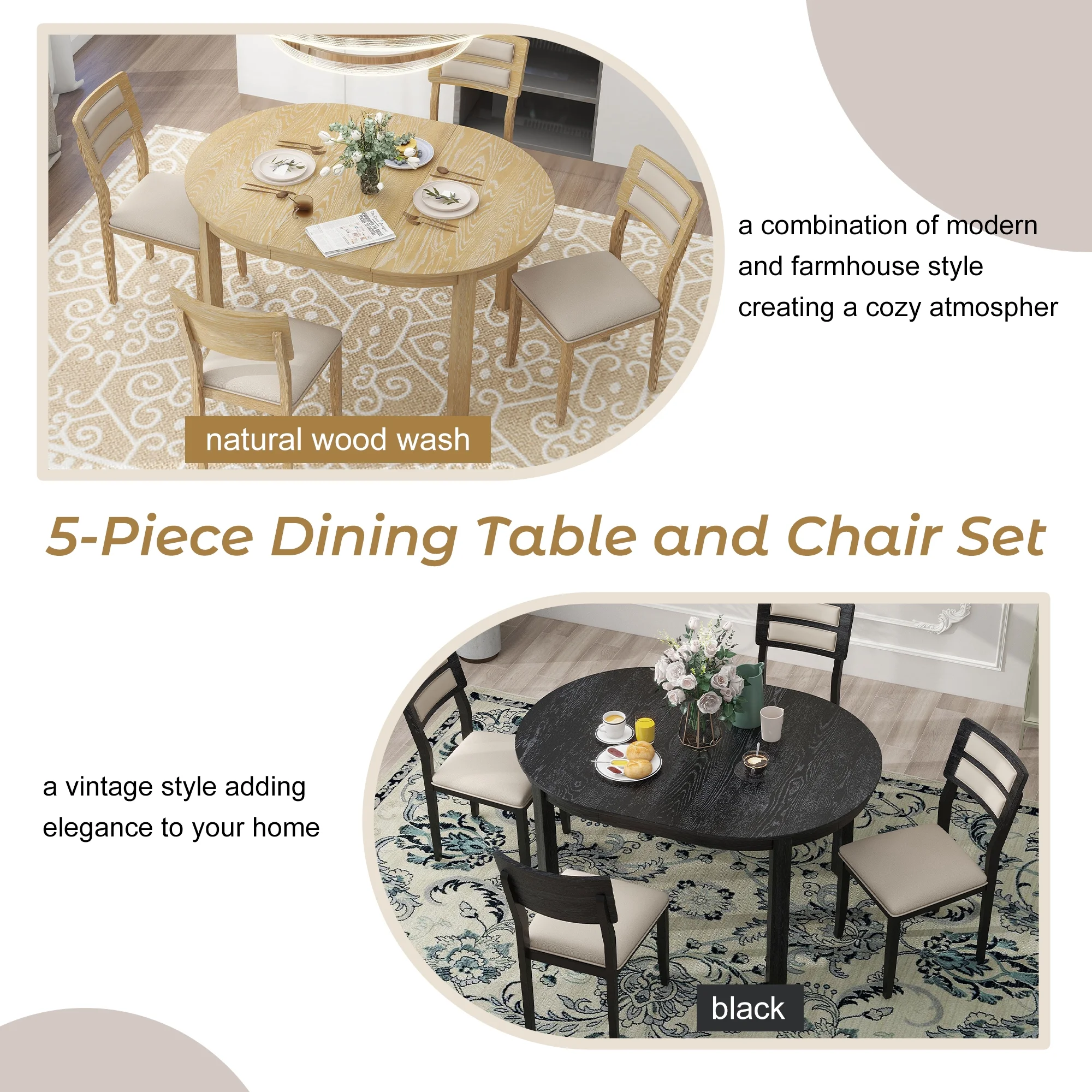 5-Piece Multifunctional Dining Table Set, Farmhouse Dining Set with Extendable Round Table ,Two Small Drawers and 4 Upholstered Dining Chairs for Kitchen and Dining Room (Natural Wood Wash)