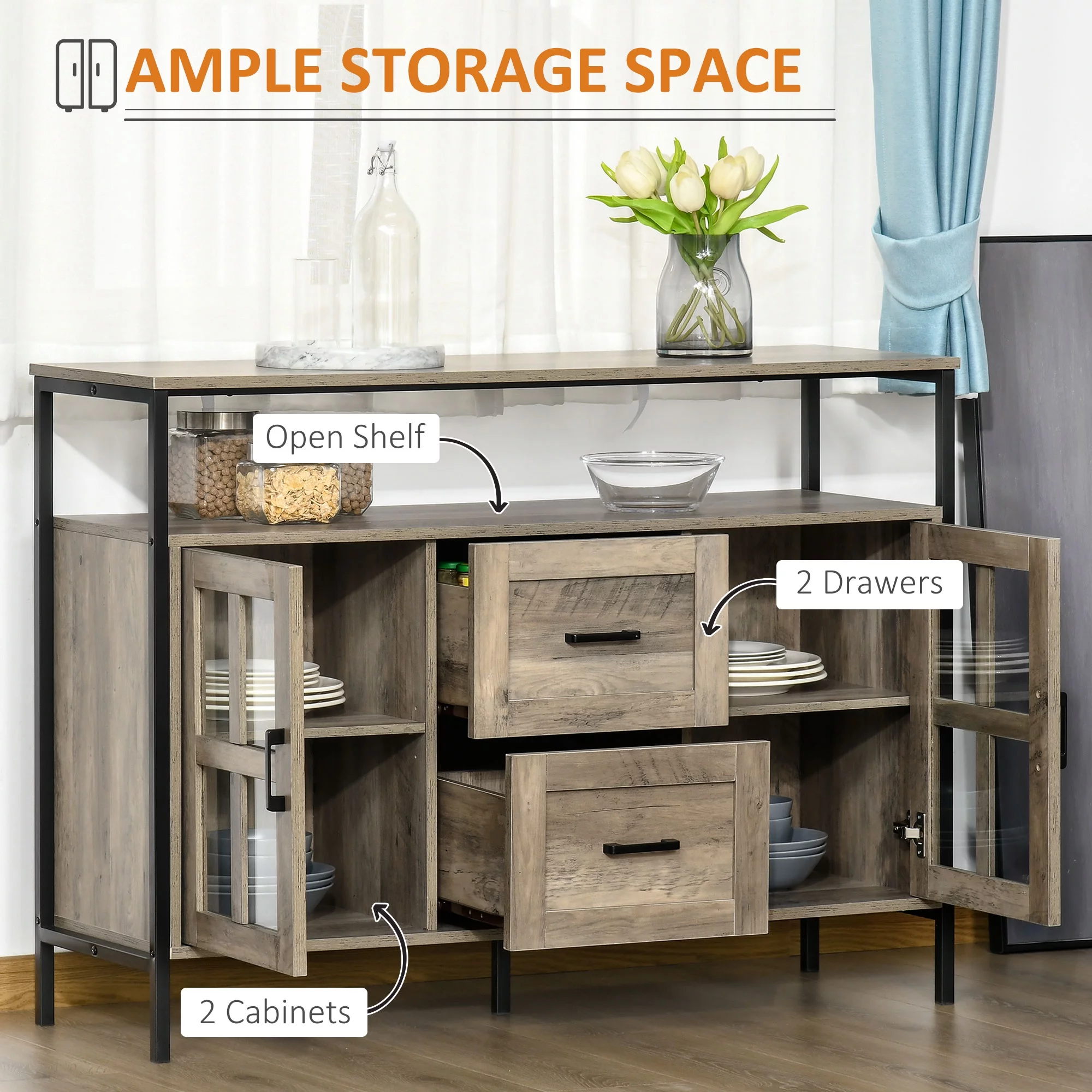 HOMCOM Industrial Sideboard Buffet Cabinet, Kitchen Cabinet, Coffee Bar Cabinet with Adjustable Shelves, Glass Doors, and 2 Drawers for Living Room, Gray