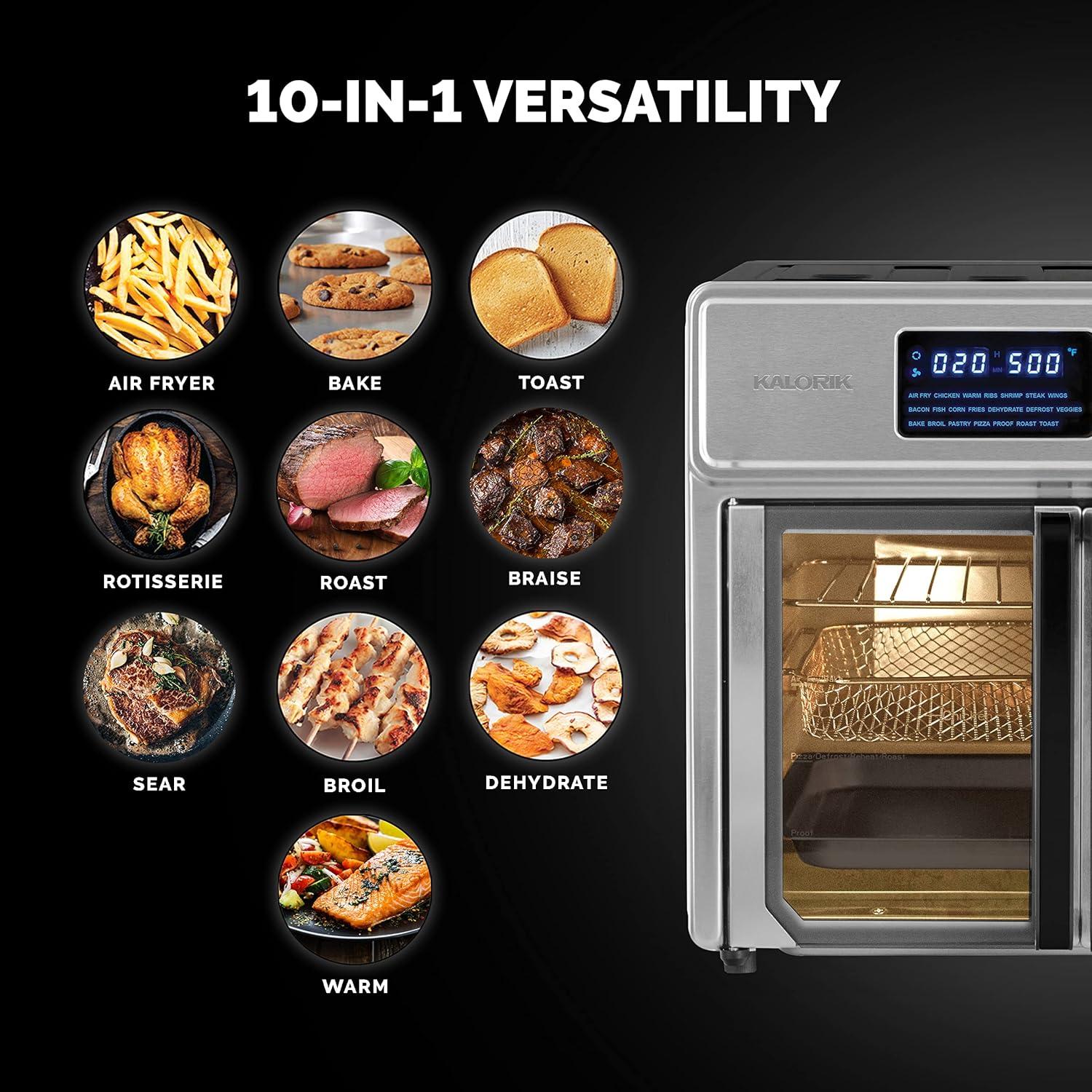 Kalorik MAXX® Complete Digital 26-Quart 10-in-1 Countertop Air Fryer Oven, 15 Deluxe Accessories & 60-Recipe Hardcover Cookbook, 21 Presets, 1700W, Stainless Steel, AFO 50253 OW