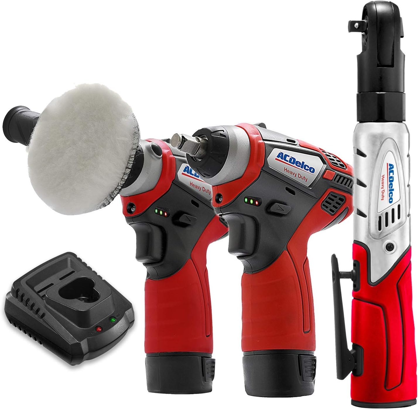 ACDelco ARW1208-K12 G12 Series 12V Cordless Li-ion 3” Mini Polisher, 3/8” Impact & Ratchet Wrench Combo Tool Kit with 2 Batteries