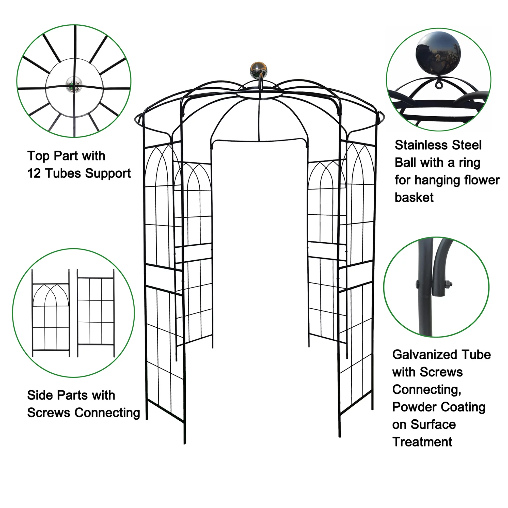 Metal Garden Arch, 81.3" Diameter x 114.2" High, Iron Birdcage-Shaped Garden Gazebo for Wedding Ceremony, Outdoor, Climbable Vine, Rose, Dark Rust Color, Black