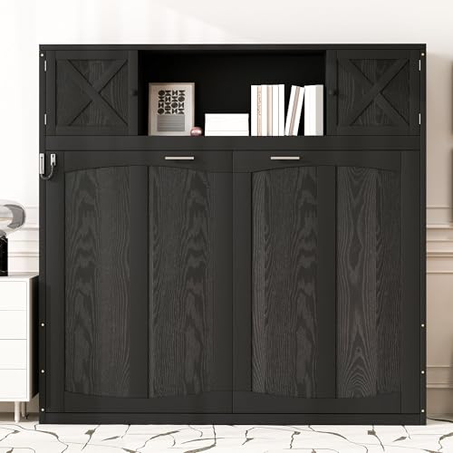 SOFTSEA Full Horizontal Murphy Bed with Shelves, Farmhouse Murphy Wall Bed with Storage Bookcase for Small Spaces, Living Room, Guest Room, Bedroom, Home Office, Black
