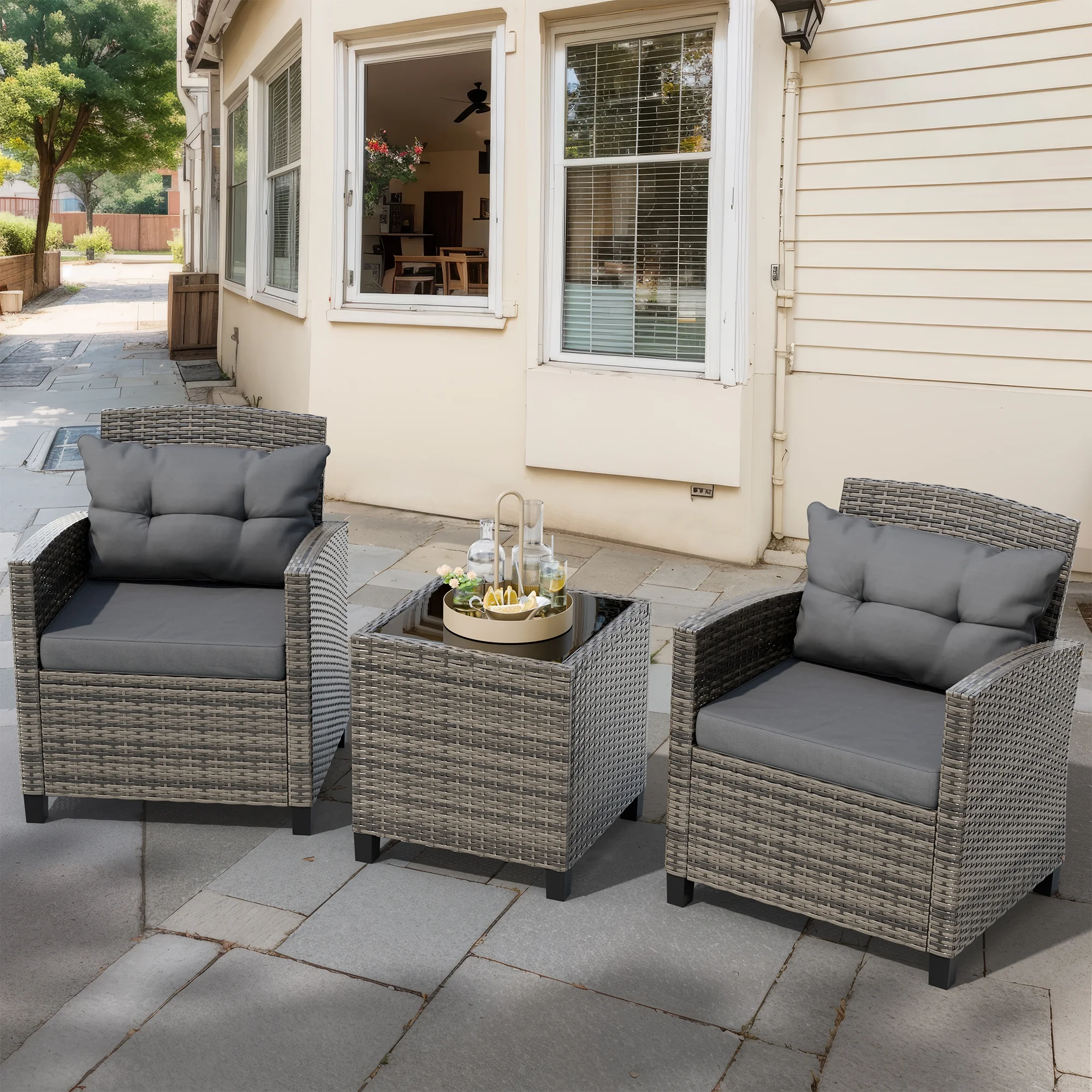 Walsunny 3 Pieces Patio Furniture Set Outdoor Wicker Conversation Bistro Set Outdoor Patio Chairs with Tempered Glass Table Beige