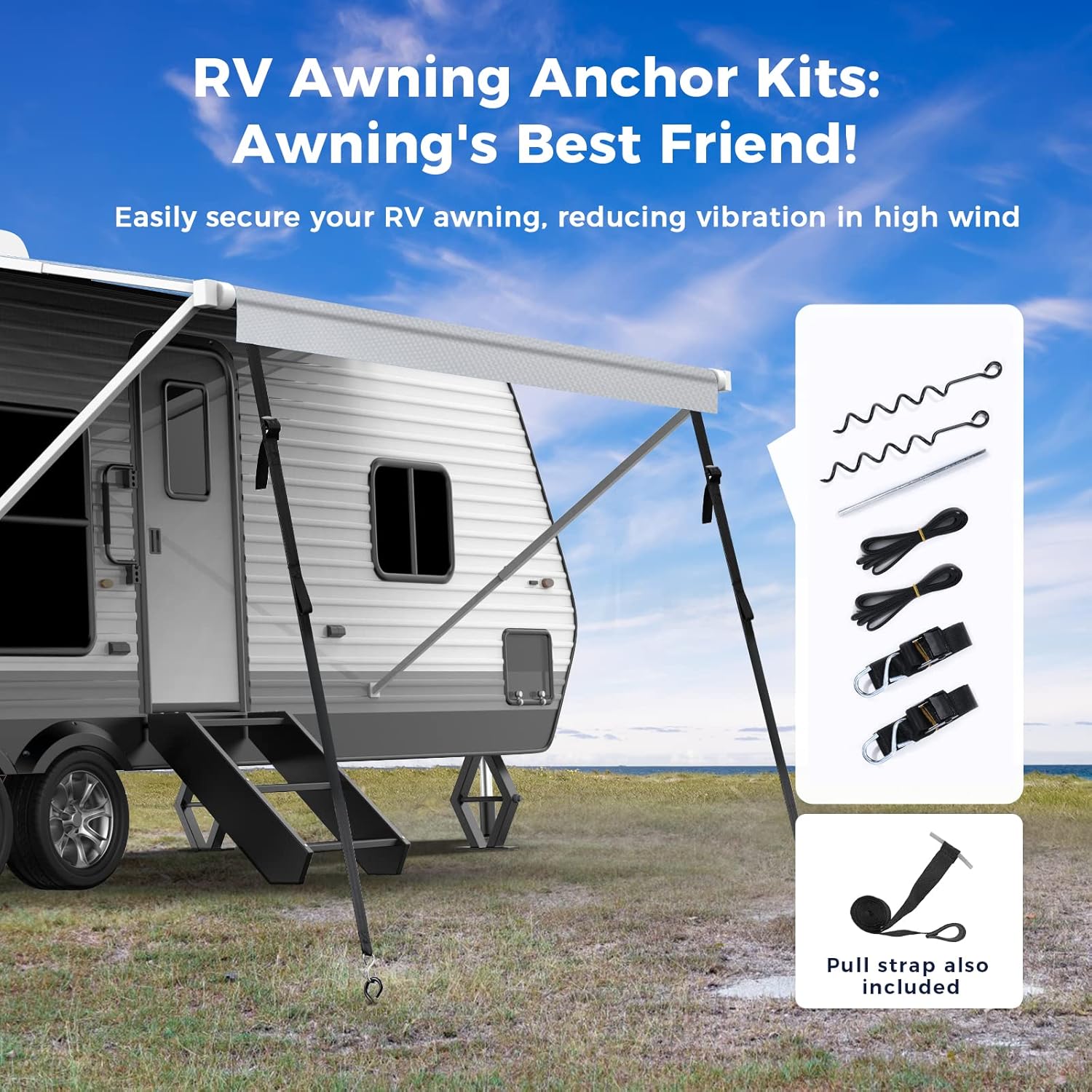 Fonzier 280GSM RV Awning Fabric Replacement Solution Dyed Fabric Camper Awning Replacement Fabric with Awning Anchor Kits & Pull Tension Strap for RV Trailer Motorhome - 21'(Fabric 20'2"), Gray