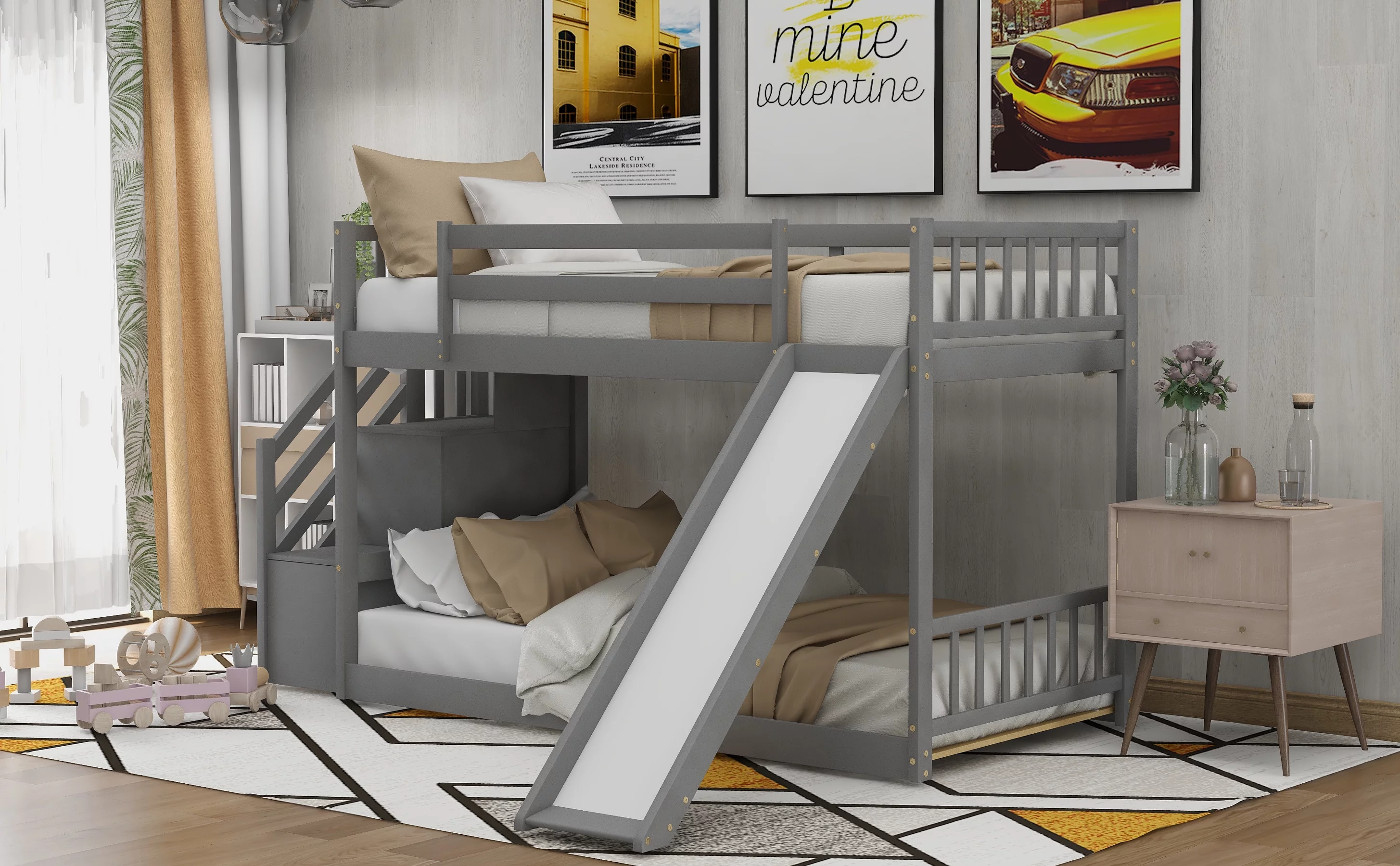EUROCO Wood Twin over Twin Bunk Bed with Slide and Staircase, Low Profile Bunk Bed with Storage, Gray