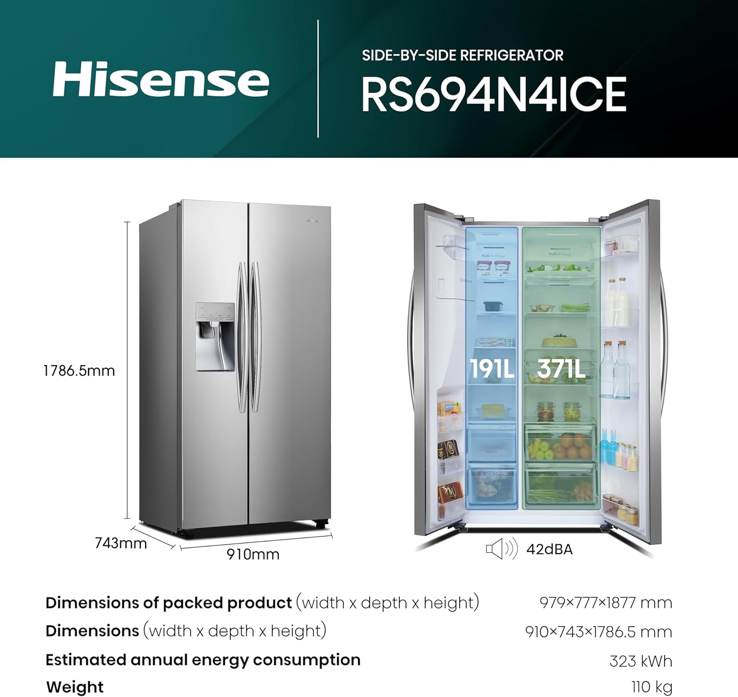 Hisense RS694N4ICE Freestanding American Side-by-Side Fridge Freezer - Total No Frost - Plumbed Water and Ice Dispenser - 562 liters - Stainless Steel - E Rated [Energy Class E]