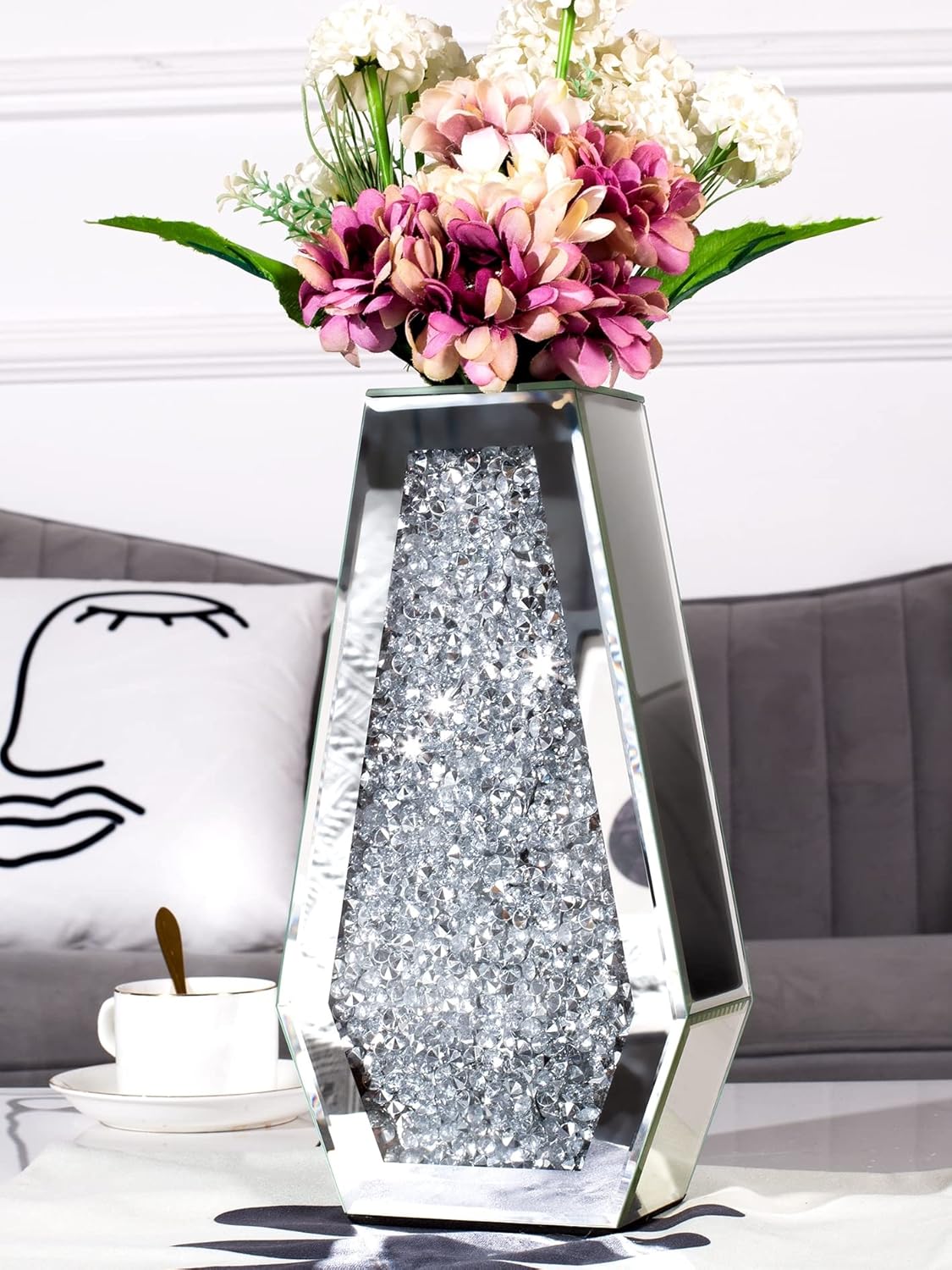 Mirrored Console Table, Silver Entryway with Diamond Shaped Mirror Finished, 31.5'' Long Accent Narrow Table, Glass Sofa Foyer for Living Room Hallway Entrance