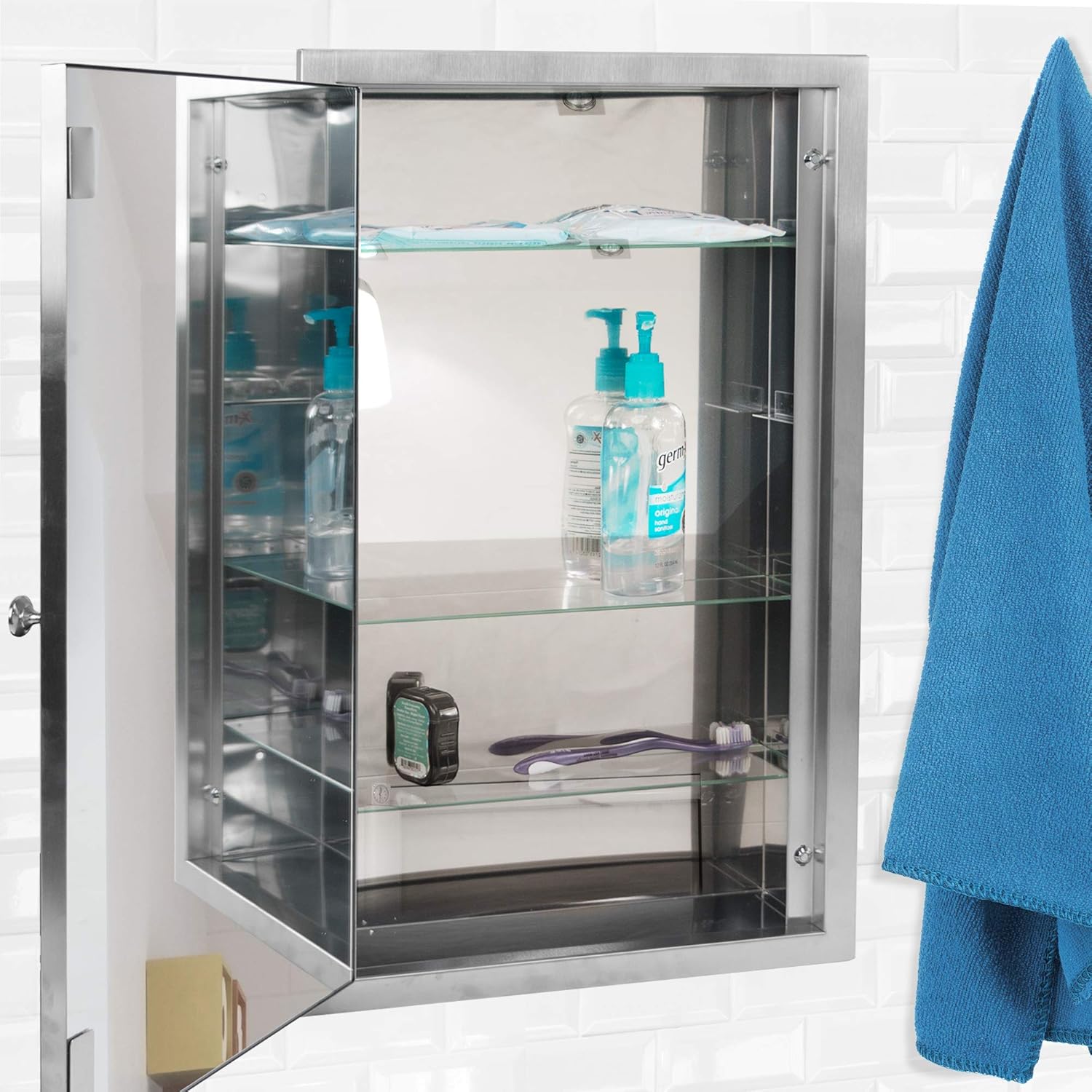 Head West Recessed Medicine Cabinet Mirror with Beveled Edge - Brushed Nickel Bathroom Mirror with Storage, Adjustable Shelves and Stainless Steel - Small Medicine Cabinets for Bathroom Wall 16"x26"