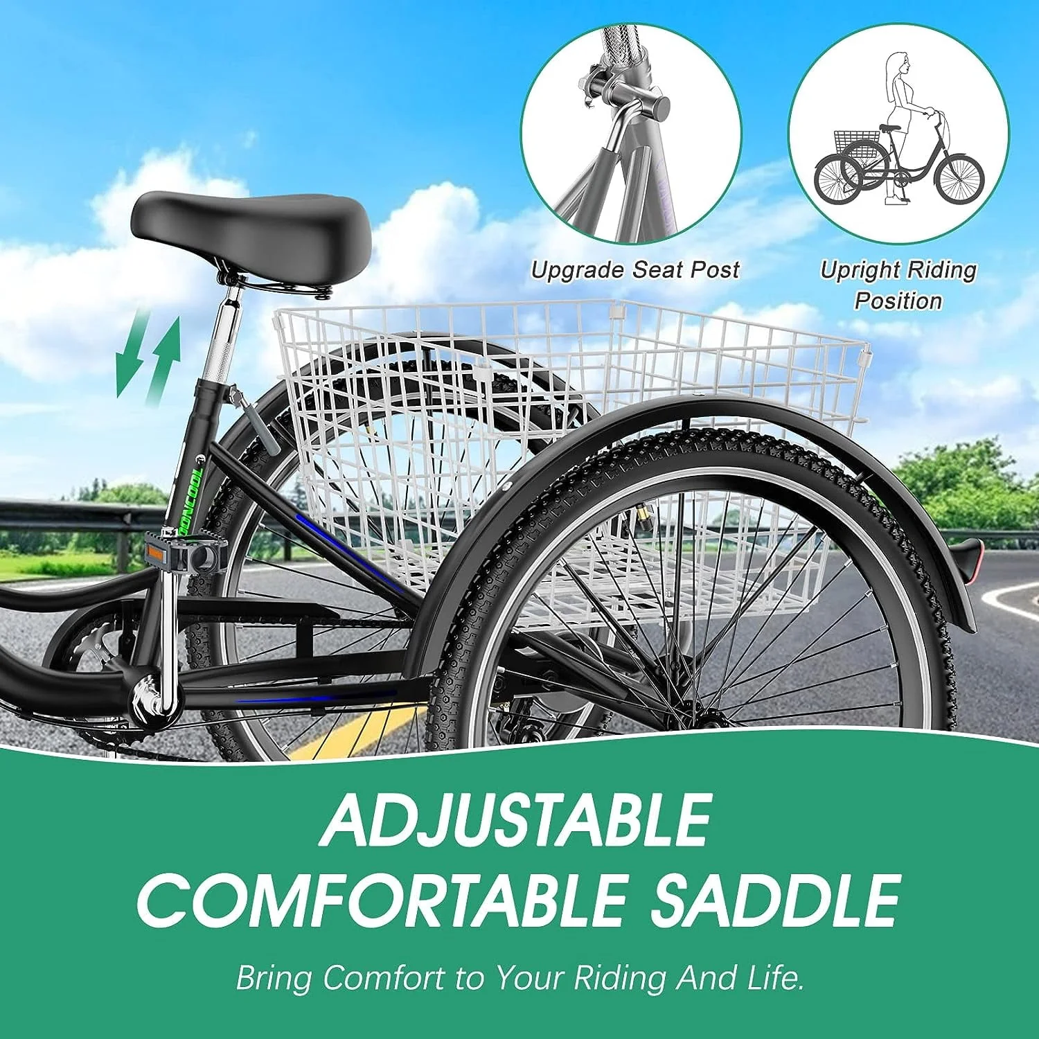 FICISOG 26 Adult Tricycle, 3 Wheel 7 Speed Bikes,450lbs Capacity Cruise Trike with Shopping Basket