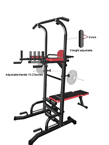 Multifunction Power Tower with Bench Pull Up Bar Dip Station for Home Gym Squat Rack Adjustable Workout Strength Training Home Fitness Equipment 440LB