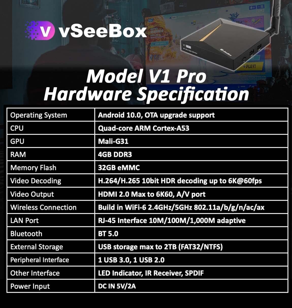 vSeeBox V1 Pro with Backlit Mini Keyboard / 8K HDMI Cable (4GB RAM + 32GB ROM)