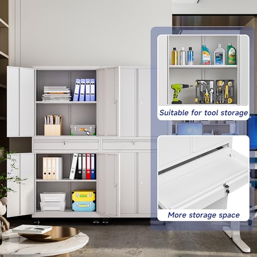 Metal Storage Cabinet with Wheels, Garage Storage Cabinet with Locking Draw and Adjustable Shelf, Tool Storage Cabinet for Garage, Home, Office, Gym, School (White, On Wheels)