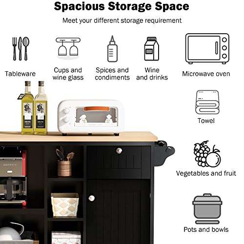 Kitchen Island Cart with Wood Top, Rolling Mobile Kitchen Island Buffet Server Sideboard with 2 Drawers, Storage Cabinet, Open Shelves, Spice Rack & Towel Rack, White