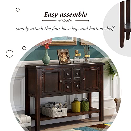 LOVMOR Cambridge Series Buffet Sideboard Console 2 Cabinets 4 Storage Drawers and Open Bottom Shelf, Couch Sofa Table for Living Room Apartment Hallway Entryway, Espresso