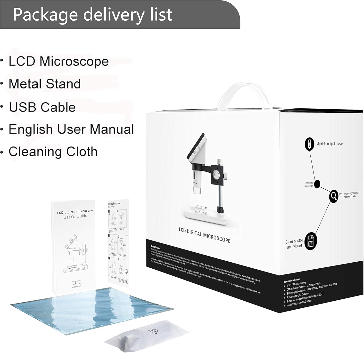 LCD Digital Microscope, SKYBASIC 4.3 inch 50X-1000X Magnification Zoom HD 2 Megapixels Compound 2600 mAh Battery USB Microscope 8 Adjustable LED Light Video Camera Microscope with 32G TF Card
