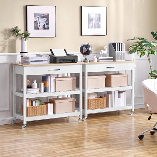 Yaheetech Kitchen Island Cart on Wheels with Bamboo Tabletop, 3-Tier Rolling Kitchen Island Microwave Cart with Drawer, Detachable Towel, 3 Hooks, 17" D x 37.5" W, White