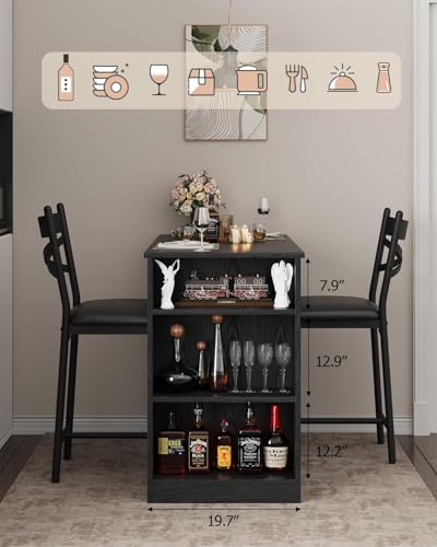 GAOMON 3 Piece Bar Table Set for 2, Bar Table and Chairs Set with with Flip Top Extension, Dining Table Set with Storage Shelves, Suitable for Small Space Kitchen Apartment, Grey