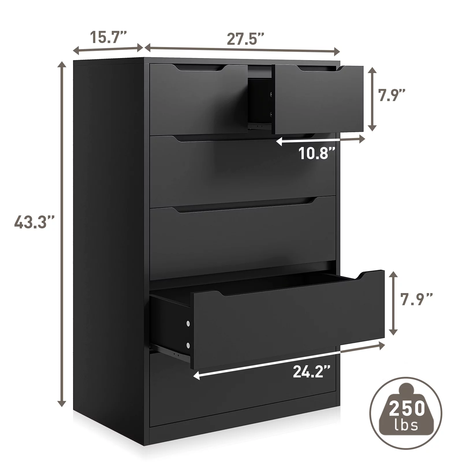 EnHomee Black Tall Dresser Wood 6 Drawer Dressers for Bedroom Wood Chest of Drawers with Smooth Metal Rail Large Dresser Modern Storage Cabinet for Home Office Living Room, 43.3"H x 27.5"L x 15.7"D
