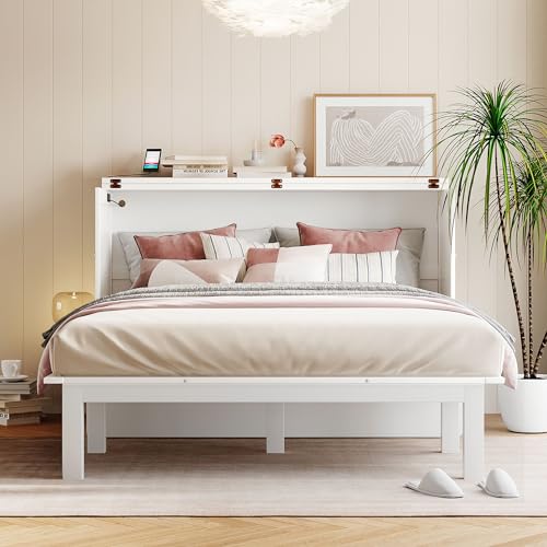 Queen Murphy Bed, Modern Wall Bed with Desk, Built-in Dual Power/USB Ports, Wood Murphy Bed Cabinet Bed Removable Shelves, Murphy Bed Chest Murphy Bed Frame for Guest Bedroom, Pulley Design, Grey