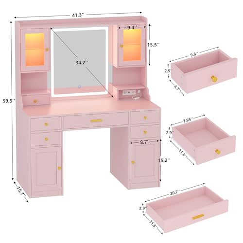 White Makeup Vanity Desk with Mirror and Lights, Large Vanity Table Set with Charging Station, Dressing Table with RGB Cabinets, Makeup Vanity Mirror with Lights Desk and Drawers, 3 LED Lights Modes