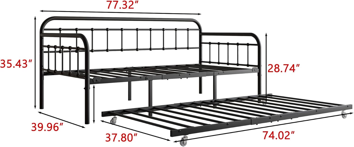 Twin Size Metal Daybed, Metal Day Bed with Trundle w/4 Esay-Glide Casters, Heavy Duty Steel Slat Support Sofa Bed with Headboard for Living Room Bedroom Guestroom, Noise Free, Black