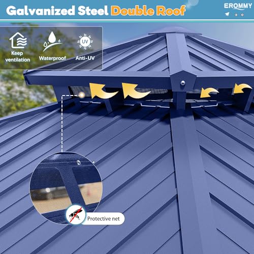 EROMMY 14'x20' Hardtop Gazebo Double Roof Galvanized Steel Canopy Outdoor Aluminum Frame Permanent Metal Pavilion with Netting and Curtains for Patio Backyard Deck and Lawns