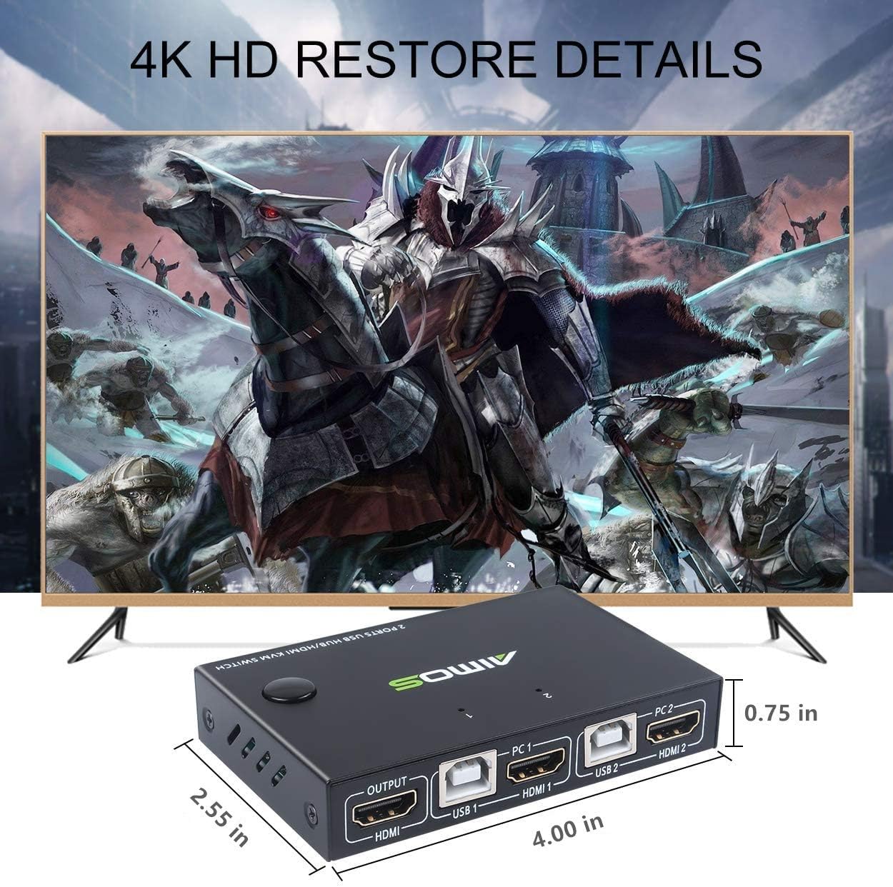 KVM Switch HDMI 2 Port Box, AIMOS USB and HDMI Switches 4 USB Hub, UHD 4K@30Hz, for 2 Computers Share Keyboard Mouse and one HD Monitor, with 2 HDMI Cables and 2 USB Cables