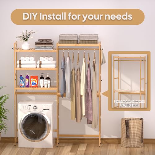 Cozivolife Over The Washer and Dryer Storage Shelf Bamboo,5 Tiers Laundry Room Drying Rack with Adjustable Shelves and 4 Hooks,Space Saver Organizer for Hanging Clothes and Towels