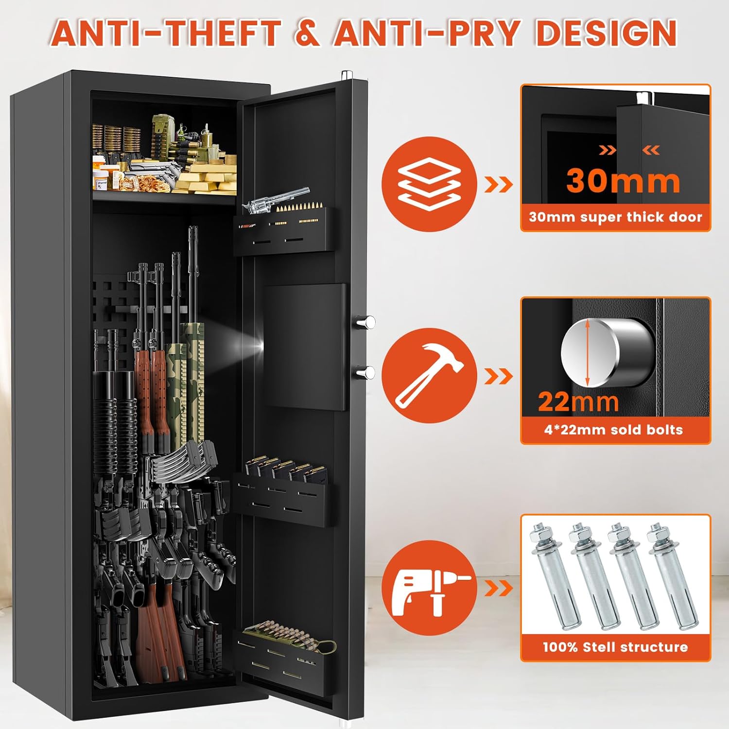 Gun Safe for 6-8 Guns, Gun Safes for Home Rifle and Pistols Fireproof, Rifle Safes for Home with Easy Set up Combination & Spare Keys, Anti-theft Lock and Alarm, Adjustable Racks, Silent Mode