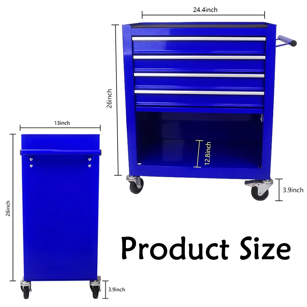 4 Drawers Rolling Tool Chest Cabinet with Wheels, Tool Storage Cabinet and Tool Box Organizer for Garage Warehouse Workshop, Blue