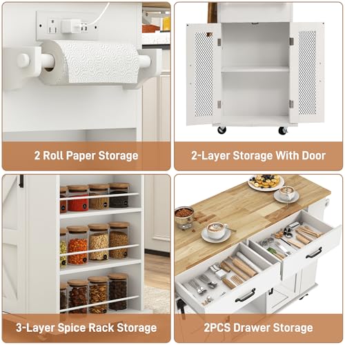 59" Kitchen Island W/Power Outlet&Drop Leaf,Kitchen Rolling Island W/Spice Rack&Towel Rack&Drawers,Kitchen Island Cart W/Sliding Barn Door,Mobile Island Table W/Adjustable Shelves for Dining Room