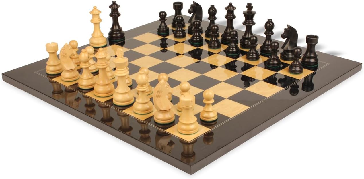 German Knight Staunton Chess Set Ebonized & Boxwood Pieces with Black & Ash Burl Chess Board - 3.75" King