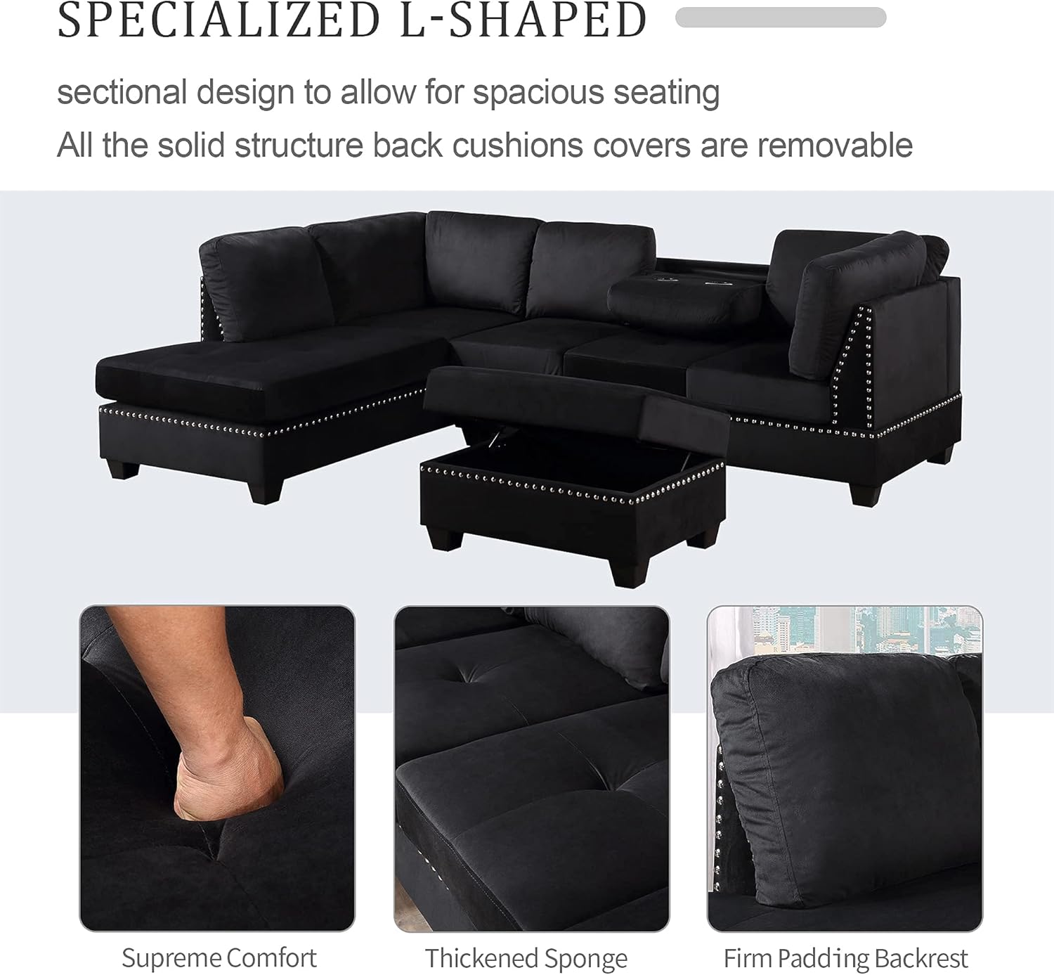 Yoglad Reversible Sectional Sofa with Storage and Chaise Lounge Couch, Wooden Frame L-Shaped Corner Sofa Set with Ottoman, Furniture Set for Living Room (Black)