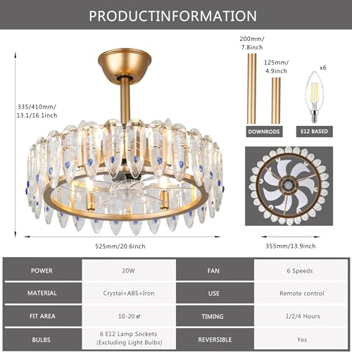 CXGLEAMING 42″ Modern Crystal Chandelier Fan with Lights Dimmable Crystal Ceiling Fans 3 Rings LED Fandelier, 6-Speed Flush Mount Ceiling Fan for Living Room Bedroom
