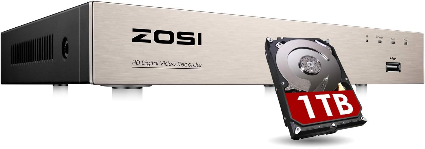 ZOSI H.265+ 5MP Lite 8 Channel Hybrid 4-in-1 HD TVI CCTV DVR, 8CH 1080P Surveillance Video Recorders with Hard Drive 1TB for Home Security Camera System,Mobile Remote Access,Motion Detection
