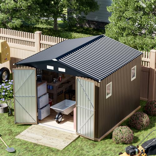 Outdoor Storage Shed 10 x 12ft. Utility Tool Shed Metal Storage Garden Shed with Lockable Doors, Windows & Metal Frame Floor for Patio Storage,Brown