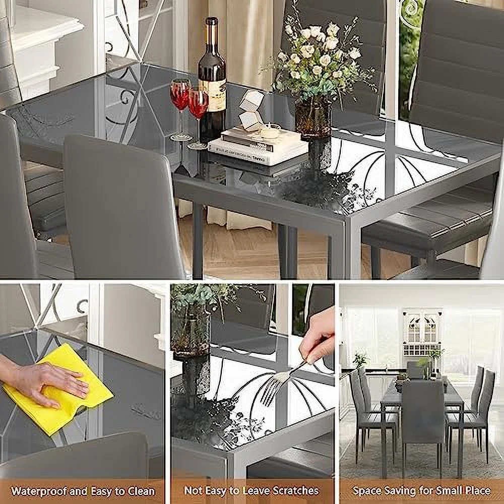 TJUNBOLIFE Dining Table Sets for 4  5 Piece Faux Marble Kitchen Table and Chairs Set for 4 Person  47" Modern Dining Table and PU Leather Chairs Modern Dining Room Sets for Small Dine