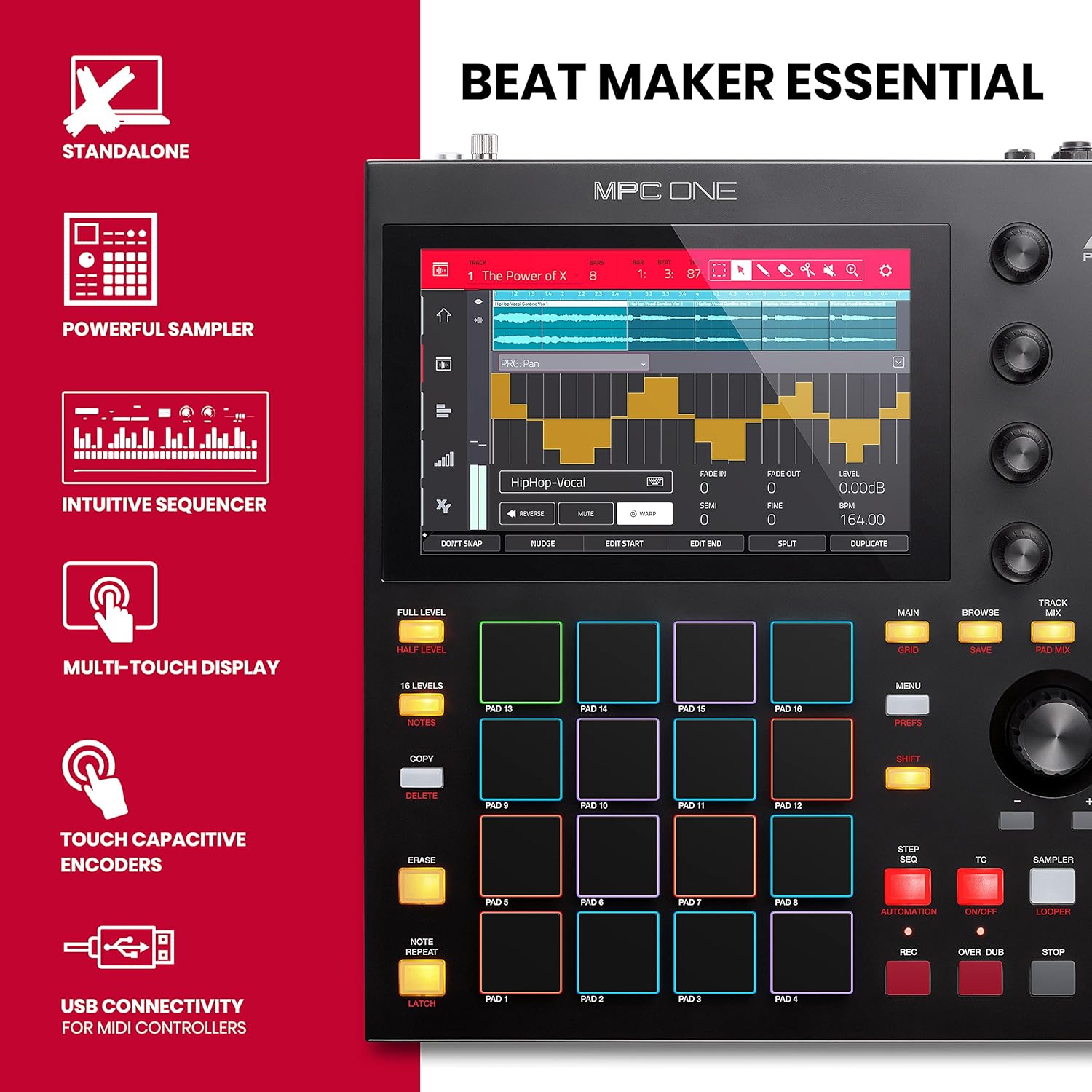 Akai Professional MPC One – Drum Machine, Sampler & MIDI Controller with Beat Pads, Synth Engines, Standalone Operation and Touch Display