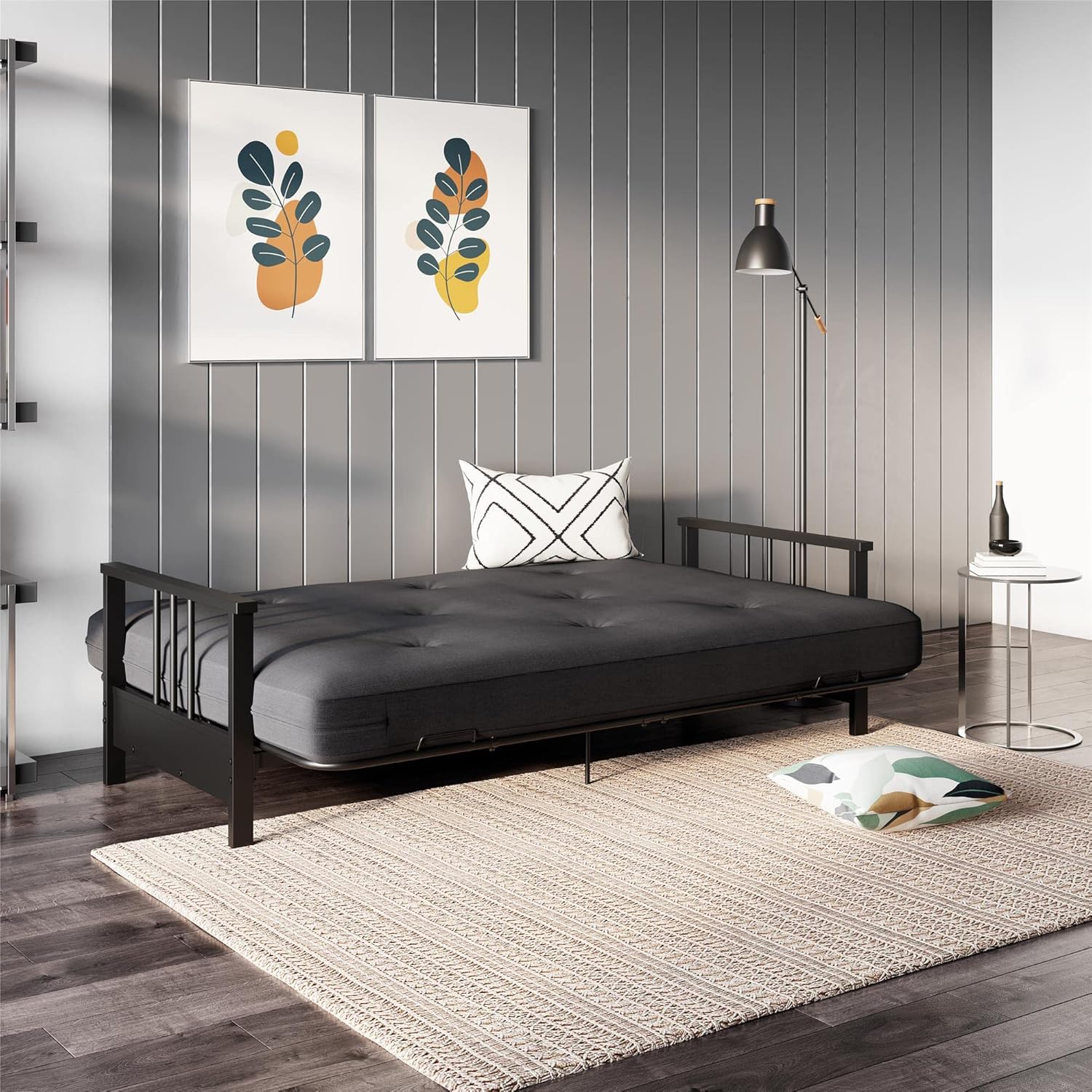 REALROOMS Bretta Contemporary Black Metal Arm Futon Frame