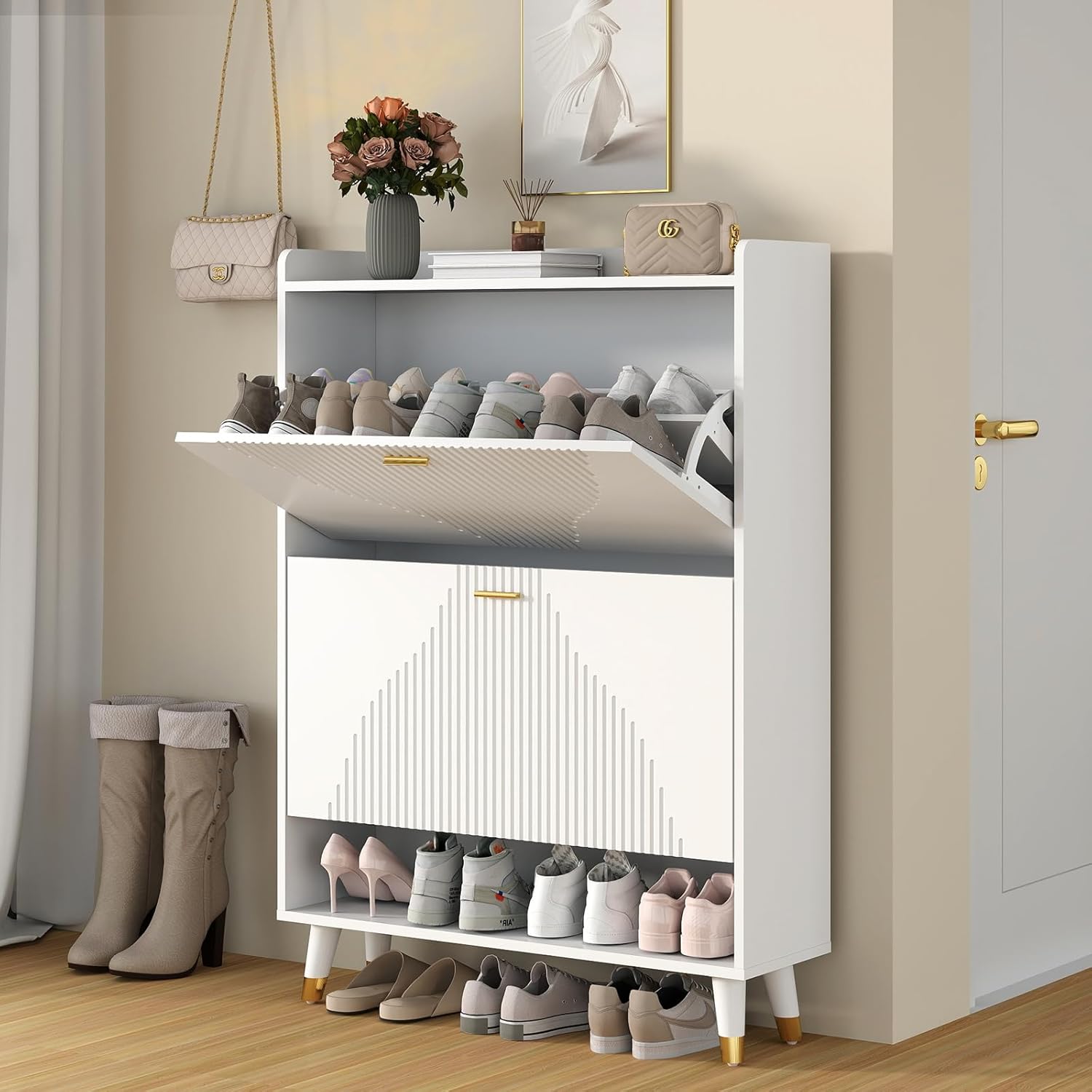 White Shoe Storage Cabinet for Entryway Slim, Hidden Wooden Shoe Organizer Cabinet with Drawer, Narrow Shoe Rack Cabinet for Front Door Entrance
