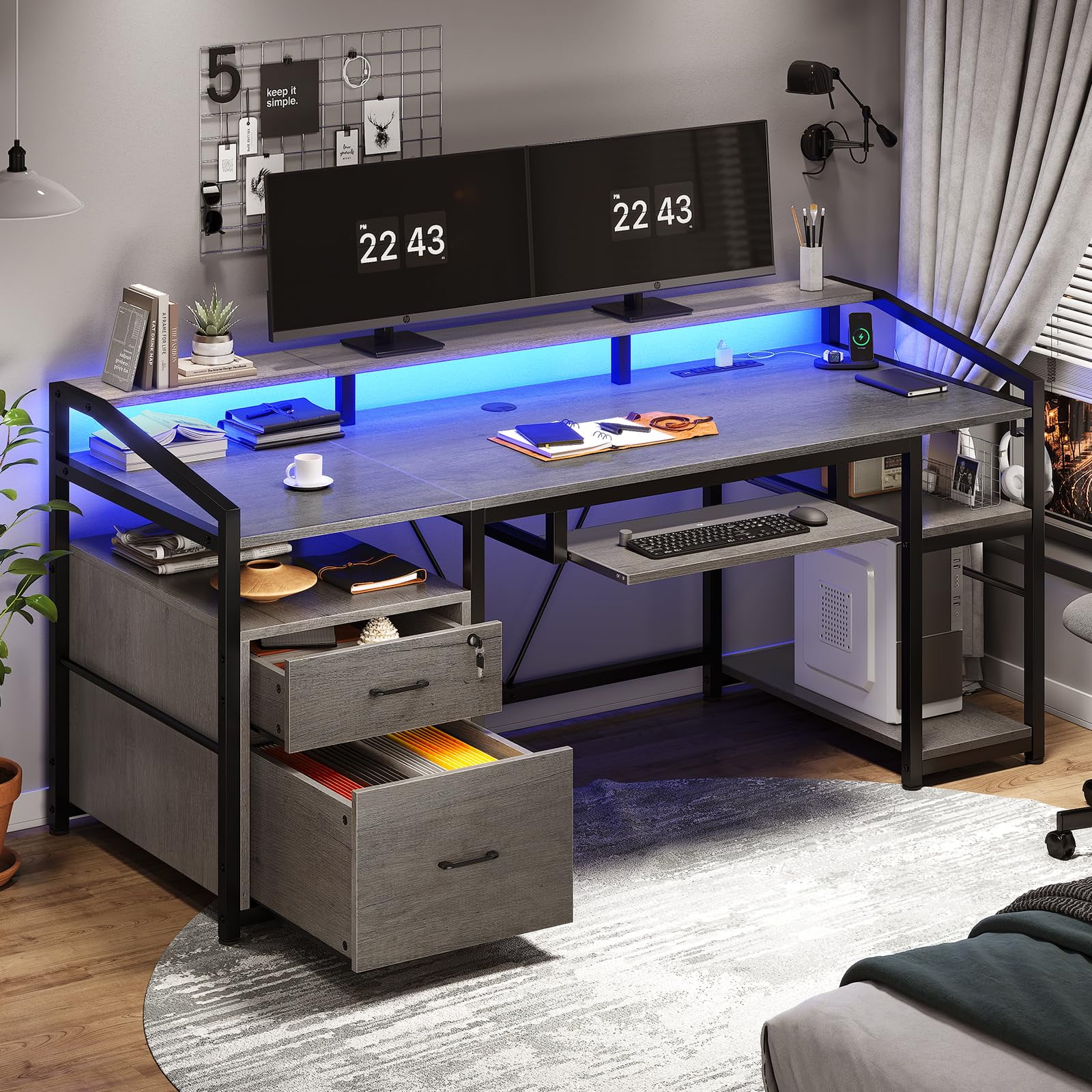 SEDETA 63" Computer Desk, Office Desk with Lock Drawers for Legal/Letter File, Gaming Desk with LED Light and Power Outlet, Gray