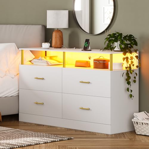 AOGLLATI White Dresser for Bedroom with Charging Station, Dressers & Chests of Drawers with Column Design, 4 Drawer Modern Bedroom Led Wide Wood Dresser for Bedroom