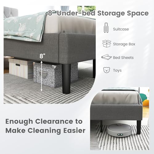 Giantex Twin Bed Frames for Kids, Modern Upholstered Platform Bed with Button Tufted Headboard, Wooden Slats Support Mattress Foundation, No Box Spring Needed, Kids Twin Bed for Girls Boys, Grey