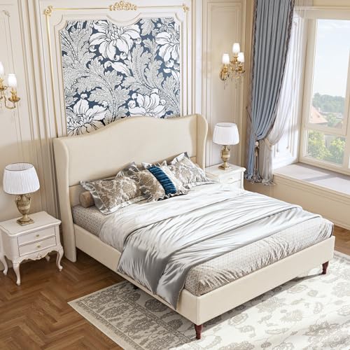 King Size Bed Frame Upholstered Platform Bed with 51" Tall Headboard Wingback, Linen Fabric, Retro Simple Style Platform Bed No Box Spring Needed, Easy Assembly, Beige