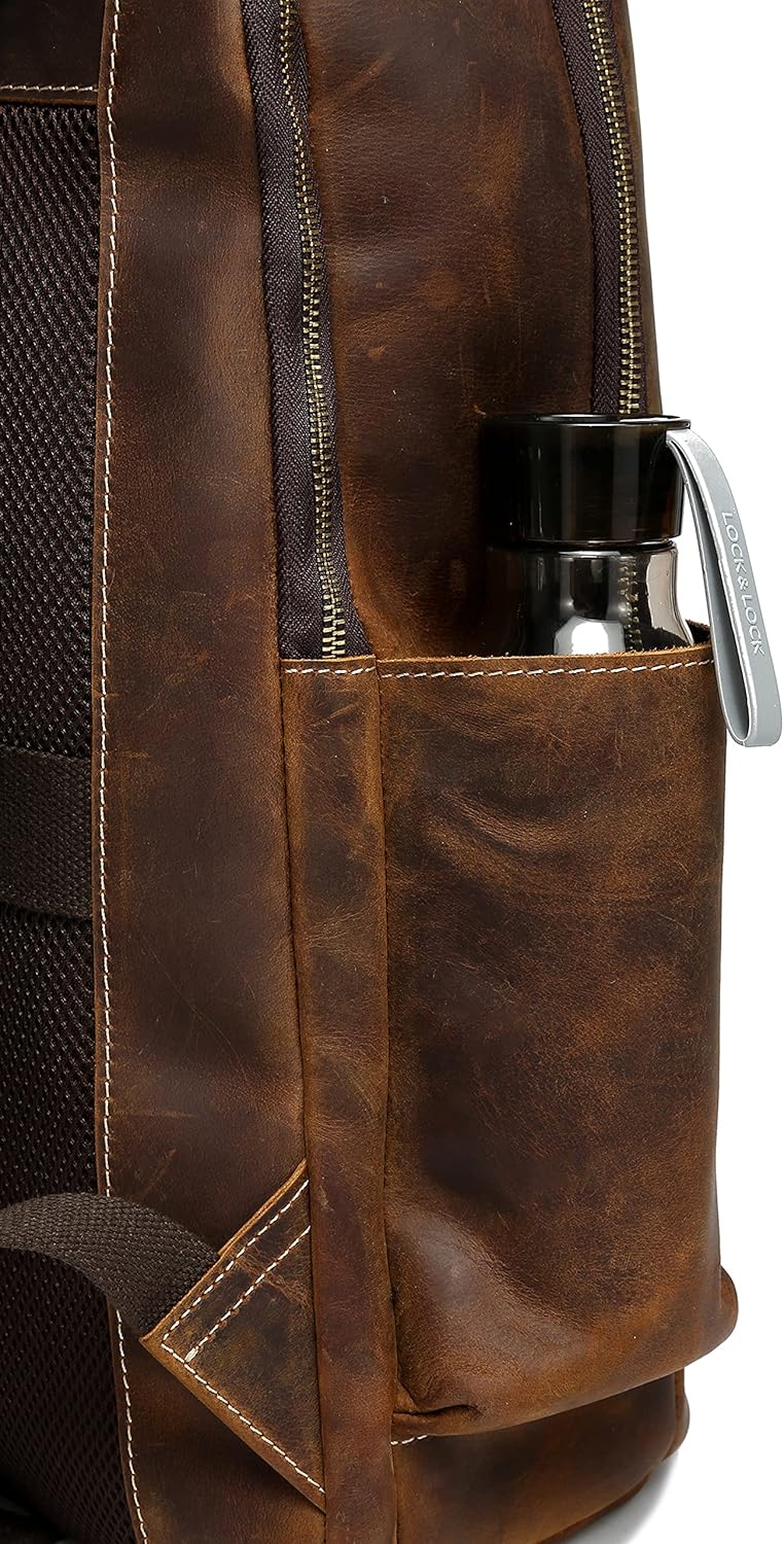 Lannsyne Men's Vintage Full Grain Leather Backpack for 16 Laptop Travel Hiking Camping Rucksack