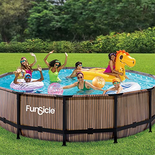 Funsicle 14' x 42" Oasis Designer Round Frame Above Ground Outdoor Swimming Pool Set with SkimmerPlus Filter Pump, Ladder, and Pool Cover, Gray