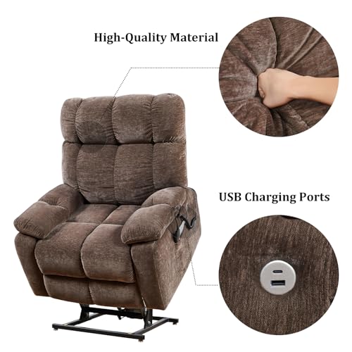 Power Lift Recliner Chair with Massage and Heat, High-end Quality Cloth Power Reclining Chair with 2 Motors for Elderly, 3 Positions, 2 Side Pockets, USB Charge Ports, Brown
