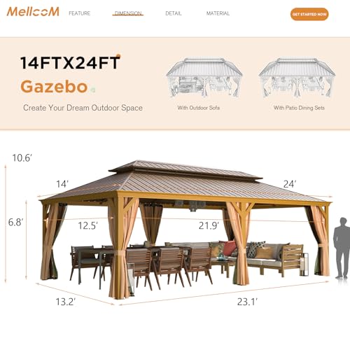 MELLCOM 12'x16' Hardtop Gazebo, Galvanized Steel Metal Double Roof Canopy with Curtains and Netting, Brown Permanent Pavilion Gazebos with Aluminum Frame for Garden, Patio, Lawns, Deck